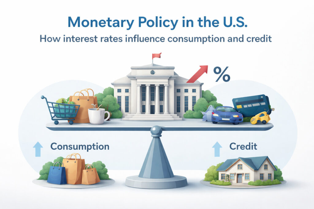 Infographic titled ‘Monetary Policy in the U.S.’ with the subtitle ‘How interest rates influence consumption and credit,’ showing a balanced scale with a white government-style building at the center, an upward arrow and percent symbol, consumer items (shopping cart, bags, coffee cup) on the left, and credit-related items (car, credit card, house) on the right, illustrating how rate changes affect spending and borrowing.