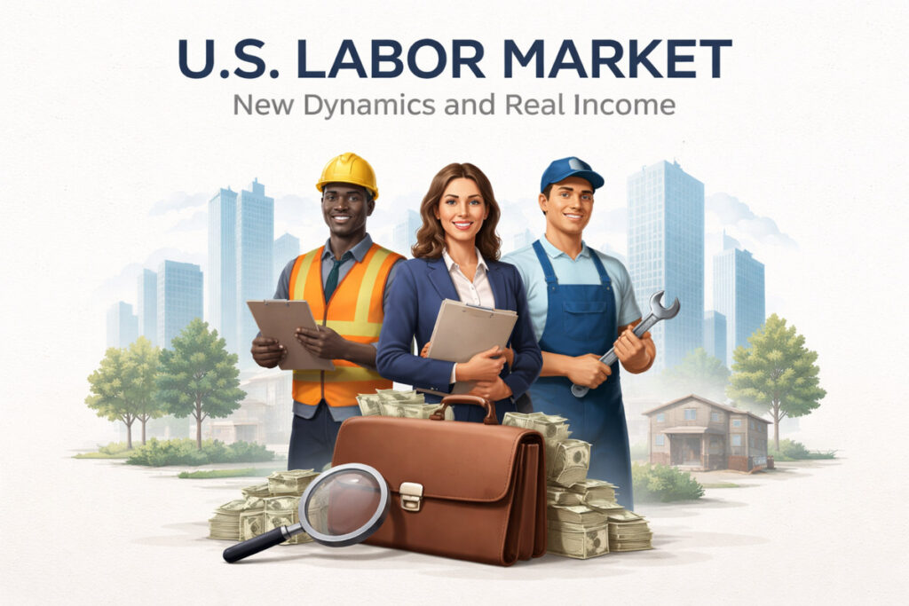Illustration titled ‘U.S. Labor Market – New Dynamics and Real Income’ showing three workers representing different professions: a construction worker wearing a safety helmet and holding a clipboard, a business professional holding documents, and a technician holding a wrench. In front of them are stacks of U.S. dollar bills, a briefcase, and a magnifying glass, with a city skyline and residential buildings in the background, symbolizing employment diversity, income analysis, and changing labor conditions.