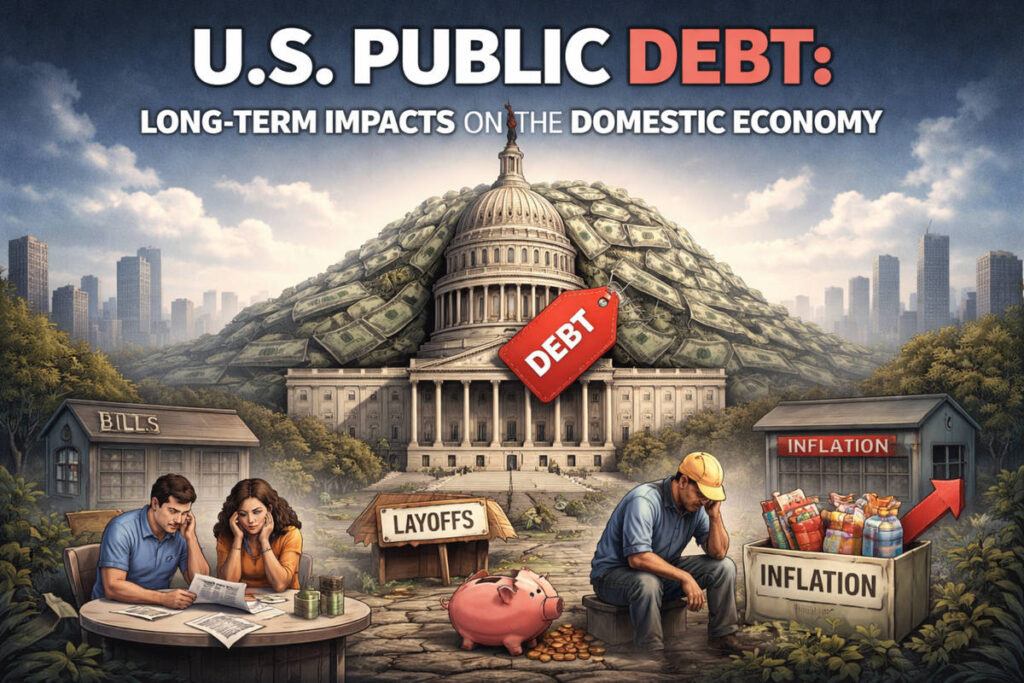 Illustrated cover about U.S. public debt: The U.S. Capitol sits at the center, partially buried under a massive mound of dollar bills, with a red tag labeled “DEBT” hanging in front. In the foreground, stressed civilians face financial pressure: a couple reviews bills at a table beside a “BILLS” sign, while a worker sits with his head down near an “INFLATION” display and rising arrow. A “LAYOFFS” sign and a piggy bank with scattered coins reinforce themes of job losses, higher prices, and household strain.