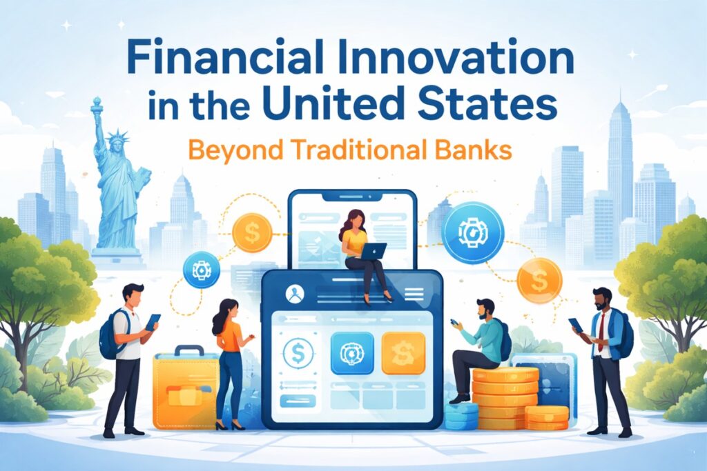 Financial innovation illustration in the U.S.: A bright, modern infographic-style scene titled “Financial Innovation in the United States” with the subtitle “Beyond Traditional Banks.” In the center, oversized smartphone and tablet screens display digital finance dashboards and app icons, while dotted connection lines link floating symbols for payments and technology. Several illustrated people use mobile devices around the screens, suggesting everyday digital banking, fintech apps, and online services. The background shows a soft blue city skyline with the Statue of Liberty on the left, plus trees and coin stacks in the foreground, emphasizing modernization, accessibility, and new financial ecosystems.