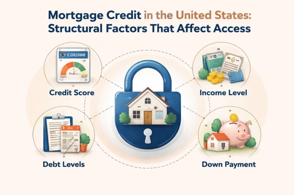 Mortgage credit access factors in the United States: An infographic titled “Mortgage Credit in the United States: Structural Factors That Affect Access.” At the center, a large blue padlock contains a small house, symbolizing restricted access to homeownership. Surrounding the lock are four labeled elements connected by dotted lines: a credit score gauge representing credit history, documents and coins illustrating income level, a clipboard with papers symbolizing debt levels, and a piggy bank next to a house icon representing down payment requirements. The clean, neutral background emphasizes how these financial factors collectively influence who can access mortgage credit in the U.S.