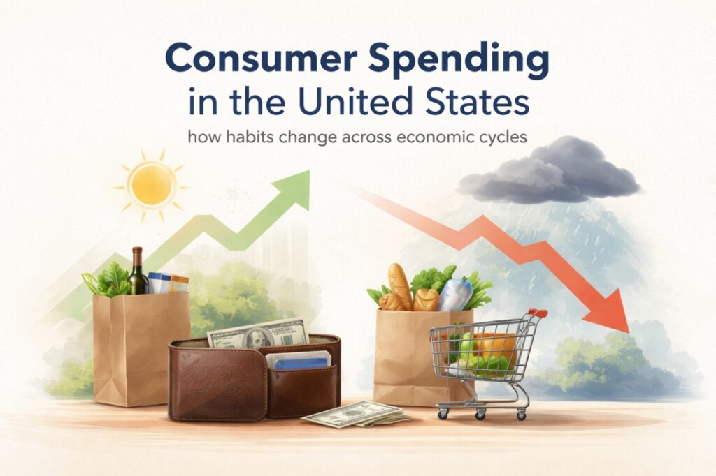 Consumer spending across economic cycles in the United States: An illustration titled “Consumer Spending in the United States: how habits change across economic cycles.” On the left, a sunny background and an upward green arrow symbolize economic growth, with grocery bags containing premium food items, a full wallet, and visible cash representing confident spending. On the right, a darker, rainy background and a downward red arrow represent economic downturns, showing a shopping cart and grocery bag with basic essentials, suggesting cautious purchasing. The contrast highlights how consumer habits shift between optimism and restraint as economic conditions change.