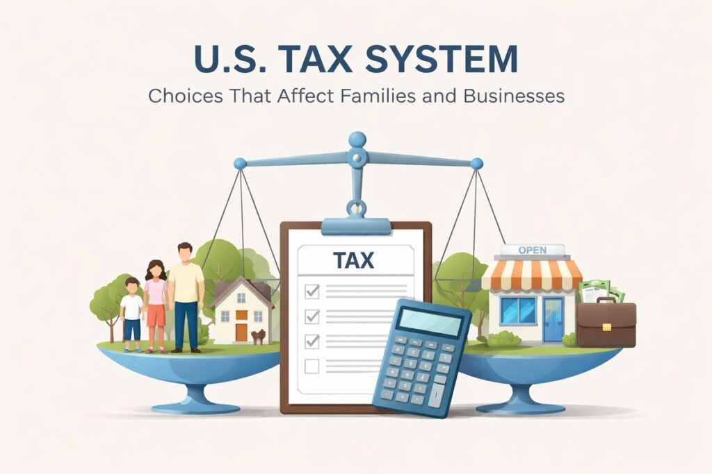 U.S. tax system affecting families and businesses: An illustrated scene titled “U.S. Tax System: Choices That Affect Families and Businesses.” At the center, a large balance scale symbolizes fairness and trade-offs, holding a clipboard labeled “TAX” and a calculator. On the left side of the scale, a family of four stands near a small house and trees, representing household finances and personal taxation. On the right side, a small storefront marked “OPEN,” a briefcase, and stacks of money represent businesses and commercial activity. The balanced composition highlights how tax policy decisions impact both families and companies within the U.S. economy.