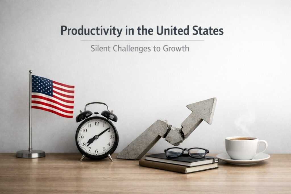 Productivity challenges in the United States concept image: A minimalist desk scene titled “Productivity in the United States: Silent Challenges to Growth.” On a wooden tabletop, a small U.S. flag stands beside a classic alarm clock, suggesting time pressure and national context. A cracked, concrete upward arrow sits in the center, symbolizing growth that is strained or fragile. In front of the arrow, stacked books with eyeglasses represent knowledge, skills, and management practices, while a cup of coffee hints at work intensity and daily routines. The clean background emphasizes the idea of hidden, structural obstacles that can limit productivity gains.