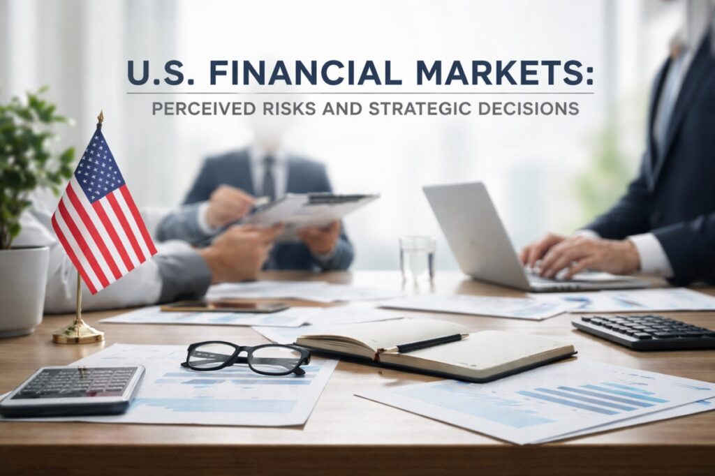 U.S. financial markets meeting scene: A modern office meeting with a large headline reading “U.S. Financial Markets: Perceived Risks and Strategic Decisions.” In the foreground, a desk is covered with printed charts and reports, a calculator, eyeglasses, and an open notebook with a pen, suggesting analysis and planning. A small U.S. flag stands on the left side of the table. In the background, several suited professionals sit around the table, with one person using a laptop and another holding a clipboard, reinforcing themes of risk assessment and decision-making.