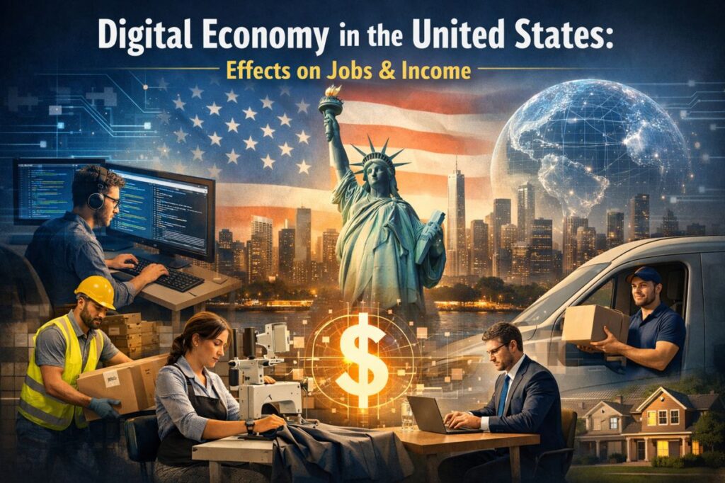 Digital economy and labor transformation in the United States: A detailed composite illustration titled “Digital Economy in the United States: Effects on Jobs & Income.” At the center, the Statue of Liberty stands against a U.S. flag and a modern city skyline, symbolizing national identity and economic change. Surrounding it are workers from different sectors: a software developer coding at dual monitors, a warehouse worker handling packages, a delivery driver holding a box, a factory worker operating machinery, and a business professional working on a laptop. A glowing dollar symbol and digital network graphics connect these scenes, representing income flows and technology-driven work. The image highlights how digital transformation reshapes employment and earnings across diverse occupations.