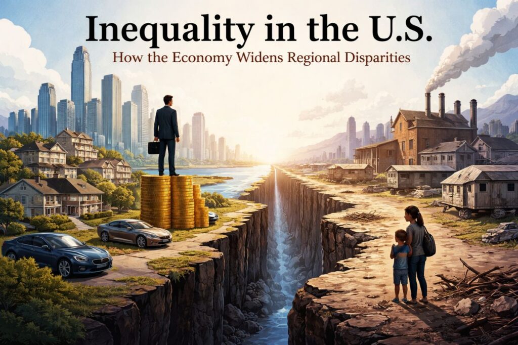A conceptual illustration about economic inequality in the United States. A deep canyon divides two regions: on the left, a prosperous city with modern skyscrapers, well-kept homes, luxury cars, and a suited man standing atop stacks of gold coins; on the right, a poorer area with rundown houses, smoking factory chimneys in the distance, and a woman with a child looking across the gap. The scene symbolizes how the economy widens regional and social disparities.