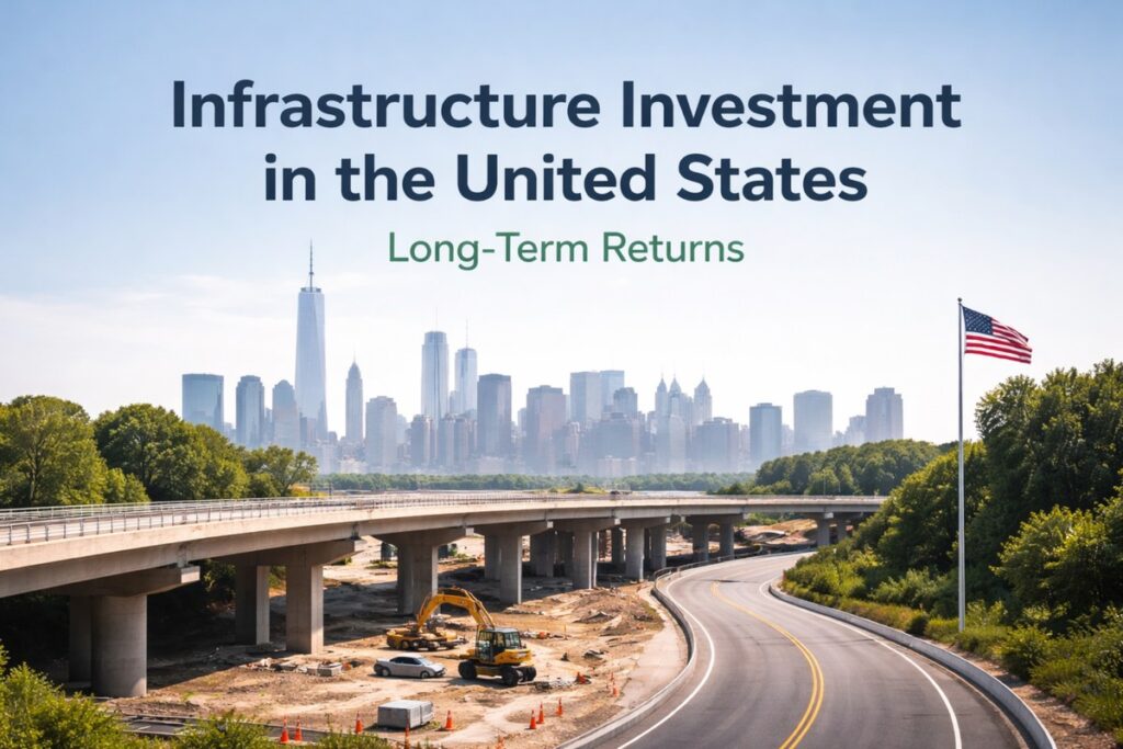 A wide banner-style image featuring the headline “Infrastructure Investment in the United States” and the subtitle “Long-Term Returns” over a bright, hazy skyline. In the background, a large modern city skyline rises in the distance under a blue sky. In the foreground, a highway curves toward the city beside an elevated bridge or overpass. Below the bridge, a construction site is visible with excavators, equipment, traffic cones, and disturbed earth, suggesting active infrastructure work. On the right side, a tall flagpole displays a U.S. flag waving above dense green trees, reinforcing the national focus of the theme.