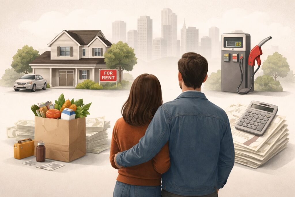 Couple facing housing, fuel, and expenses challenges in the modern economy.
