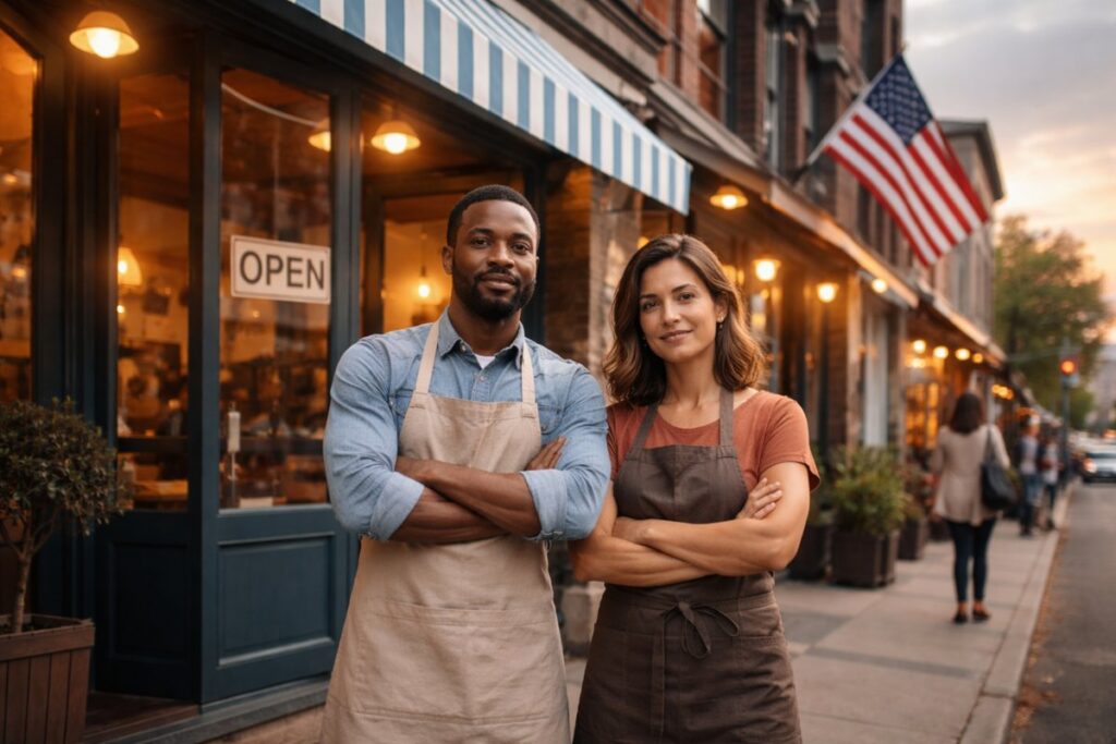 Small business owners standing confidently in front of a local store within the economy.