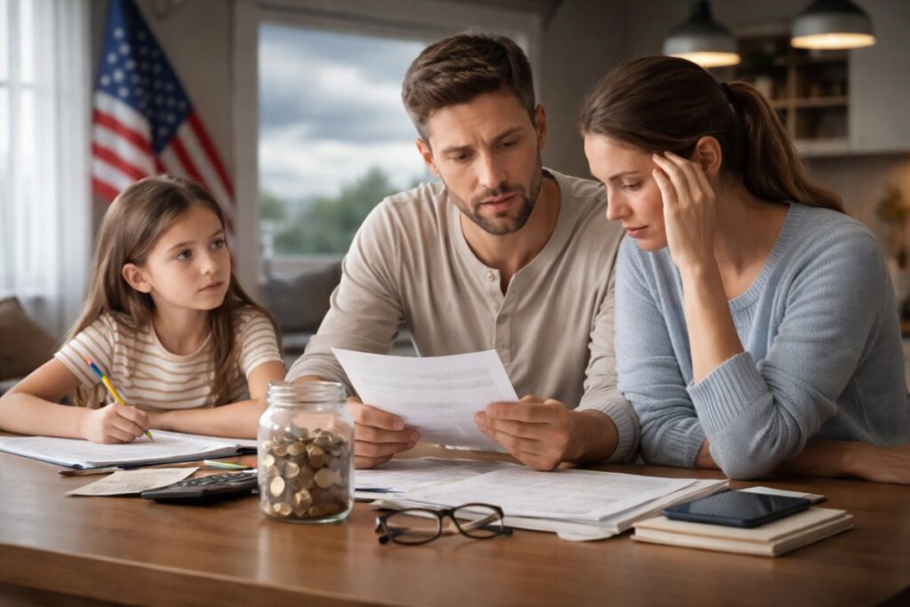 Family reviewing household finances together during a challenging economy.
