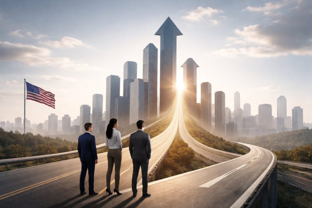 Professionals observing economic growth and future opportunities in the economy.