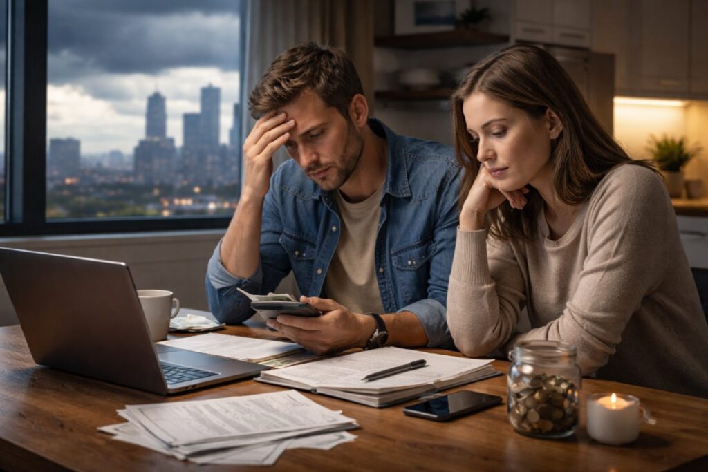 Couple reviewing bills at home, worried about household finances