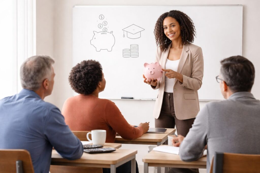 Financial educator teaching adults with piggy bank and finances concepts
