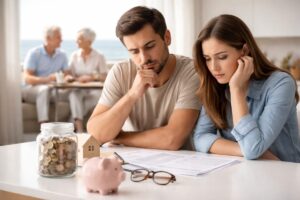 Couple analyzing documents and savings related to long-term finances