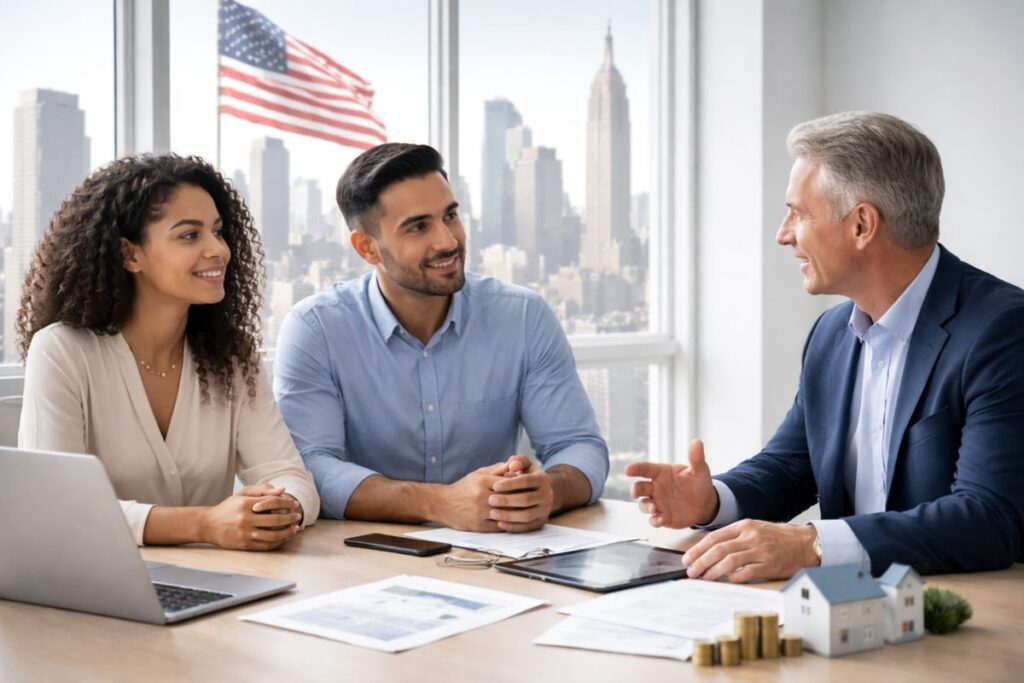 Business meeting with advisor discussing real estate finances