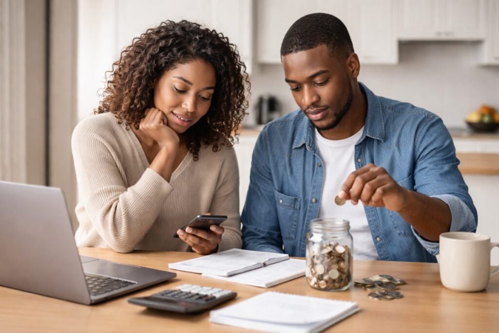 Young couple saving money together, planning shared finances