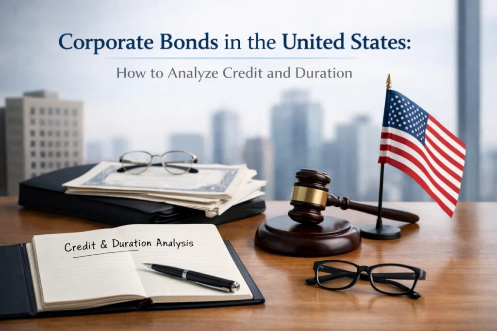 Corporate bonds analysis scene in the United States, featuring a desk with financial documents, a notebook labeled credit and duration analysis, eyeglasses, a gavel, and the US flag in the background, representing investiments, risk evaluation, and long-term fixed-income decision-making in a corporate finance context.