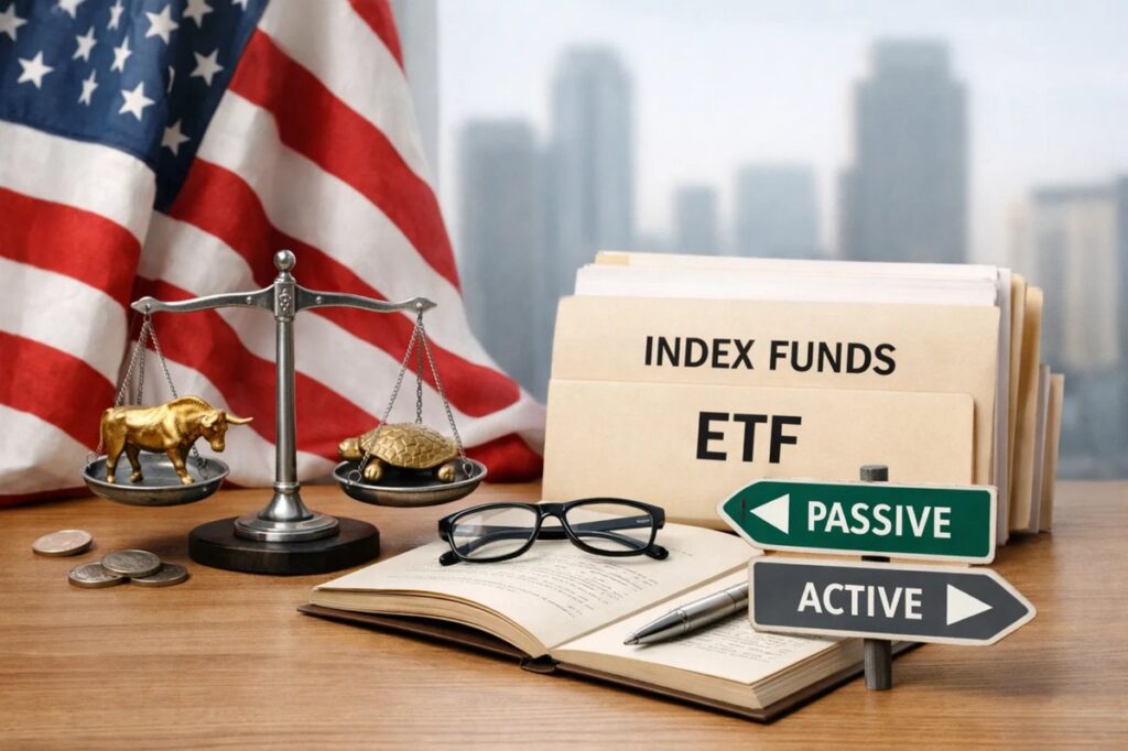 Conceptual image illustrating passive management in the United States, showing index funds and ETFs represented by folders and directional signs between passive and active strategies. A balance scale with bull and turtle figures symbolizes market efficiency limits, while the U.S. flag in the background reinforces the American market context. The scene reflects investments decisions, highlighting how passive investments may overlook structural inefficiencies in evolving financial markets.