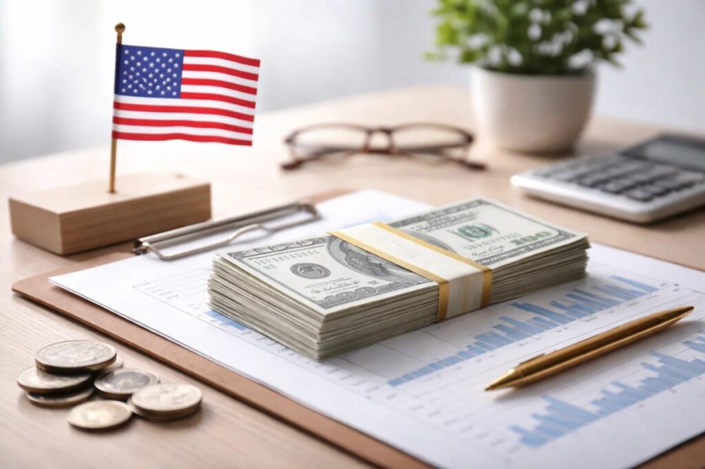 Stack of US dollar bills placed on financial charts on a desk, with a small American flag, calculator, and office accessories in the background, symbolizing investments and dollar allocation strategies in the United States, highlighting how currency movements influence portfolio decisions and long-term investment strategy.