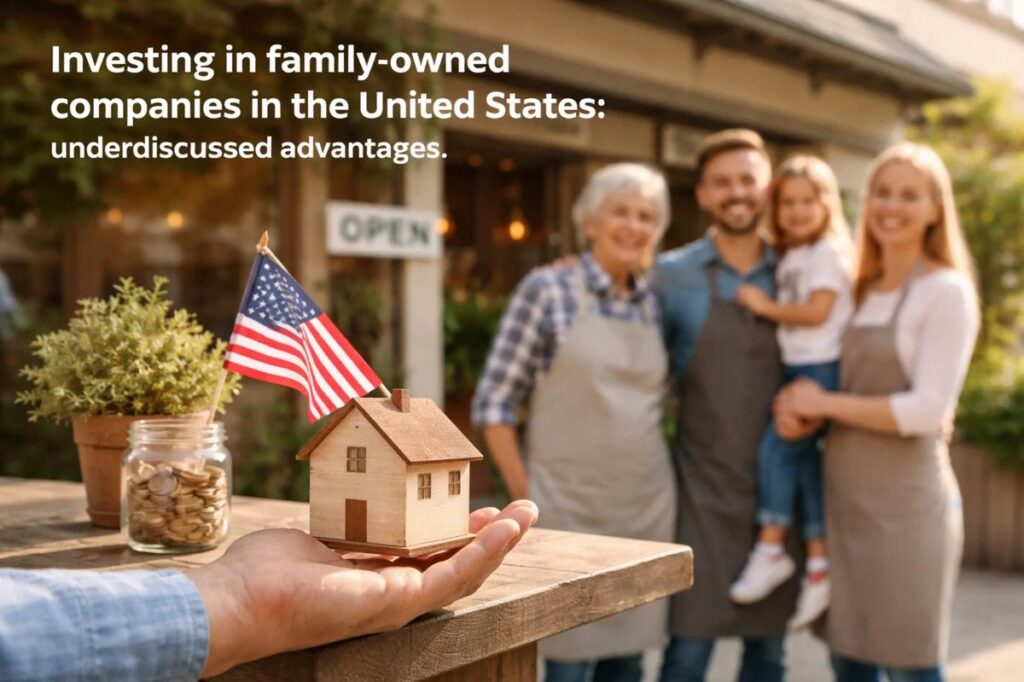 Family-owned business in the United States represented by multiple generations standing in front of a small shop, with a miniature house and an American flag in the foreground, symbolizing long-term investments, legacy, governance stability, and the strategic advantages of family-controlled companies in the U.S. market.