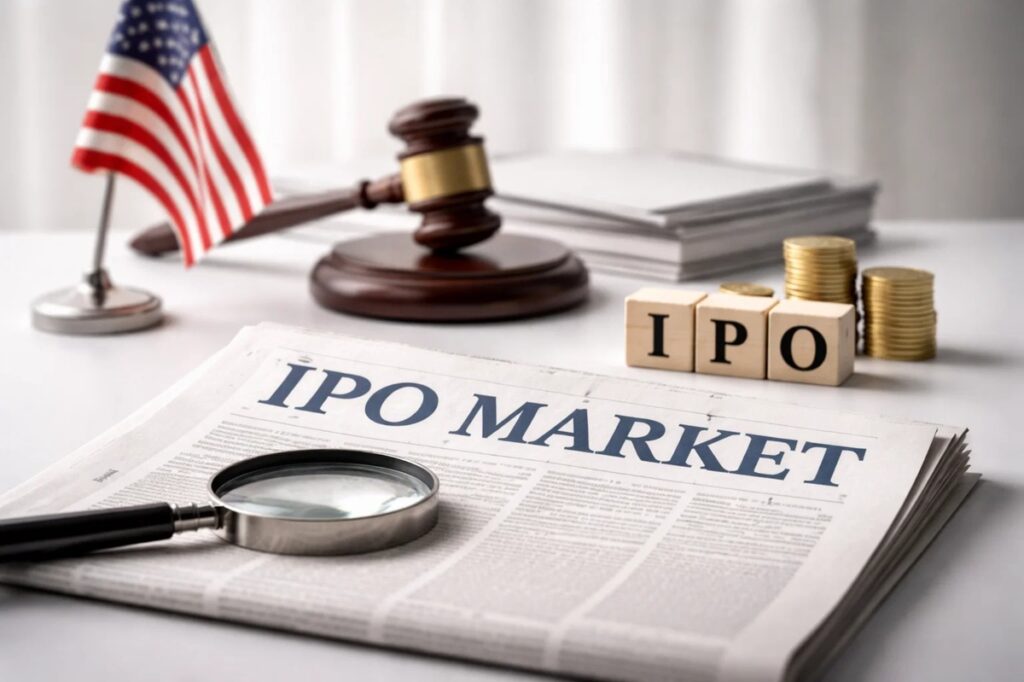 Close-up of a newspaper titled “IPO Market” with a magnifying glass highlighting valuation details, alongside wooden blocks spelling IPO, stacked gold coins, and a judge’s gavel in the background with the United States flag, symbolizing investments analysis and a deeper look beyond initial enthusiasm in the U.S. IPO market.