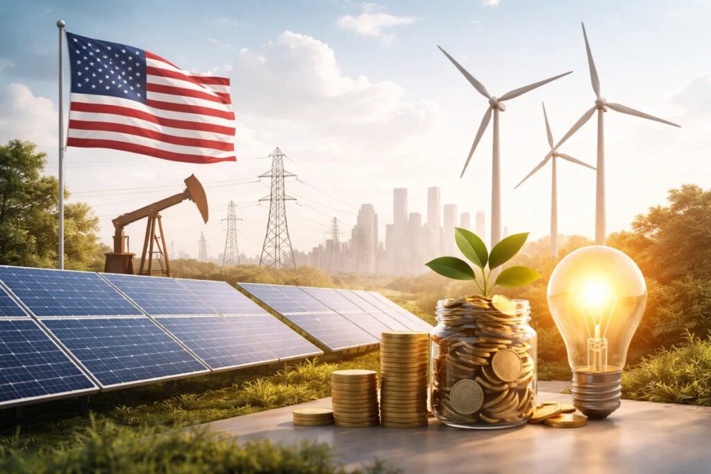 Illustration of energy investments in the United States showing solar panels, wind turbines, and an oil pump alongside stacks of coins and a glowing light bulb, symbolizing the transition from traditional energy to renewables. The U.S. flag and urban skyline in the background reinforce the national context, while financial elements highlight how investments are influenced by transition dynamics and their effects on long-term returns.