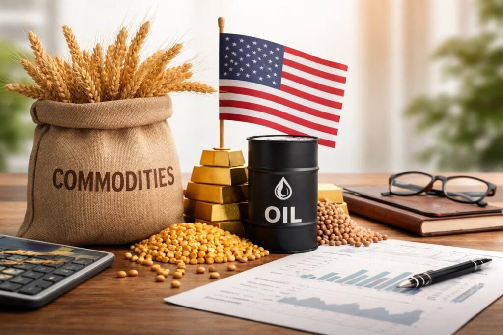 Illustration of the commodities market influenced by the United States, featuring wheat, soybeans, oil barrels, gold bars, and the American flag on a desk with financial charts and documents, symbolizing how global resource pricing, monetary policy, and economic leadership create indirect effects on portfolio allocation and long-term investments.