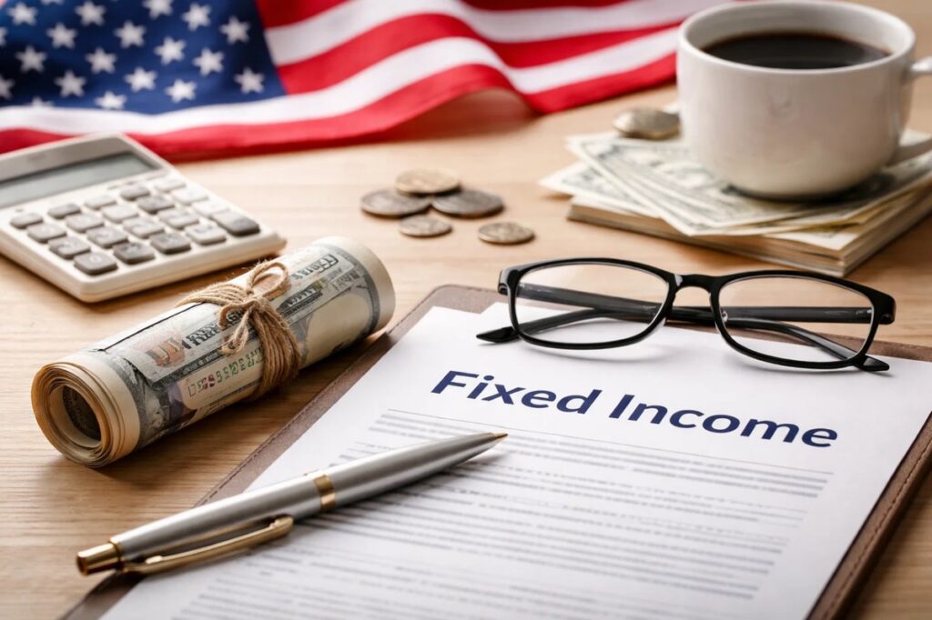 Desk scene representing fixed income investments in the United States, featuring a document titled “Fixed Income,” U.S. dollar bills, a calculator, coins, eyeglasses, and a pen on a wooden table. An American flag in the background reinforces the context of investments in U.S. financial markets during volatile interest rate environments.
