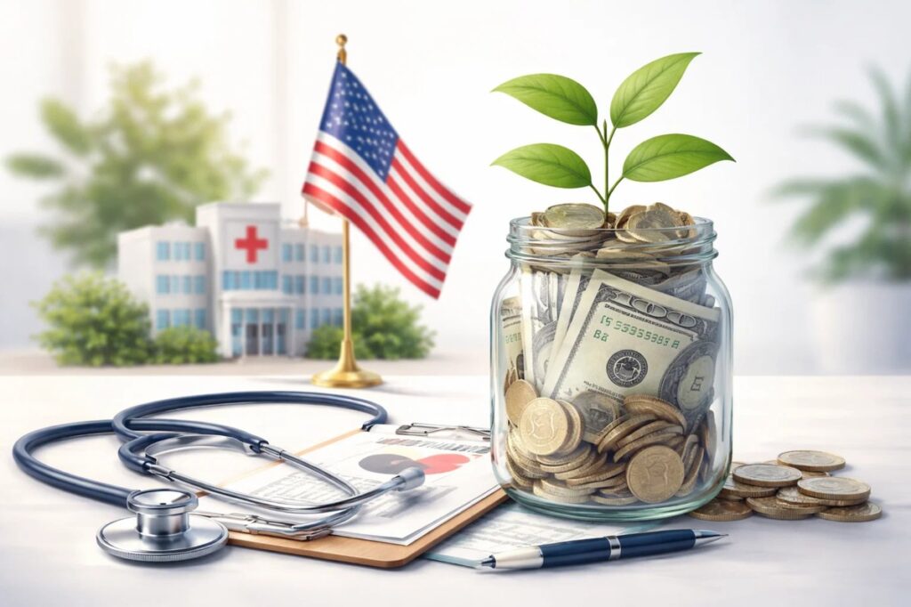 Healthcare investments in the United States illustrated by a jar filled with U.S. dollar bills and coins growing a green plant, symbolizing long-term value and sustainability, alongside a stethoscope and medical documents, with an American flag and hospital building in the background, highlighting demographic factors and valuation dynamics.