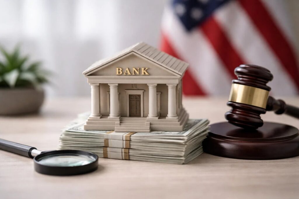 Illustration of a small regional bank building placed on stacks of US dollar bills, next to a judge’s gavel and a magnifying glass, with the American flag in the background, symbolizing investments in regional banks in the United States and highlighting overlooked structural risks related to regulation, governance, and financial oversight.