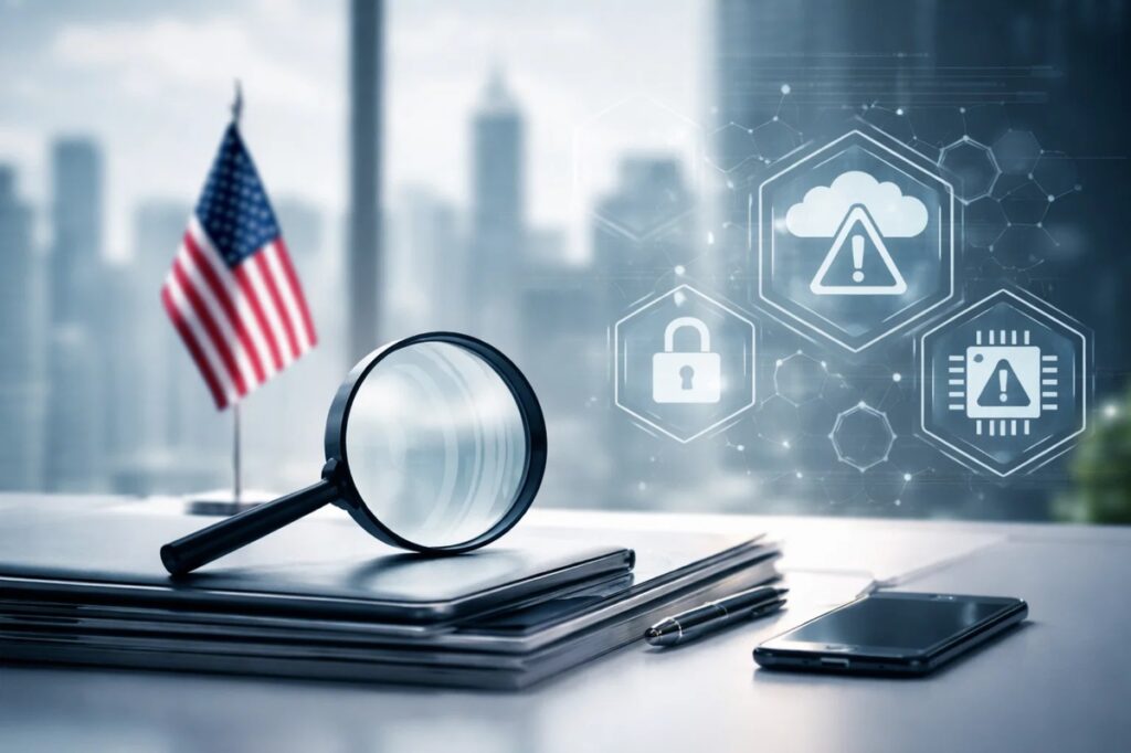 Modern office desk with a magnifying glass placed over stacked documents, a U.S. flag in the background, and digital security icons floating on a transparent interface, symbolizing technology investments in the United States and highlighting hidden risks beyond the investor’s radar, such as cybersecurity threats, regulatory uncertainty, and data protection challenges.