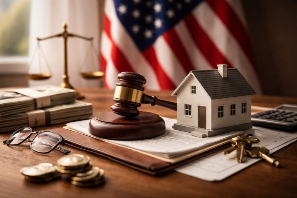 Realistic and minimalist scene representing estate planning in the United States, showing a wooden desk with a judge’s gavel, a small house model, stacks of money, keys, and legal documents, with an American flag softly blurred in the background, symbolizing inheritance decisions and overlooked finances.