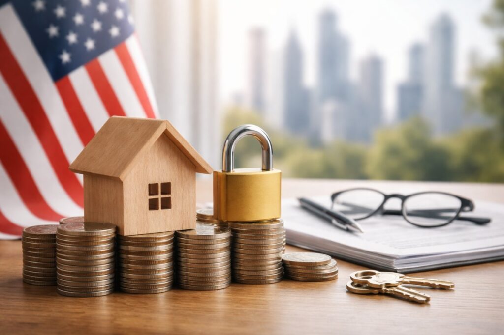 The image presents a clean and realistic visual metaphor for wealth preservation and security. A small wooden house and a golden padlock rest on neatly stacked coins, symbolizing protected assets and financial stability. In the softly blurred background, the United States flag and an urban skyline suggest an American economic context, while documents, glasses, and keys on a desk reinforce the idea of careful planning and control.