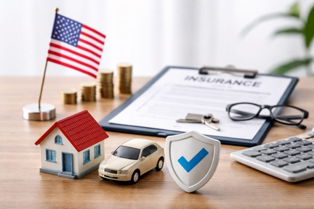 Realistic and minimalist scene representing the U.S. insurance market, showing a small house model, a car miniature and a protective shield on a desk, alongside financial objects such as coins, keys and documents, symbolizing how insurance decisions influence personal finances and long-term financial security.