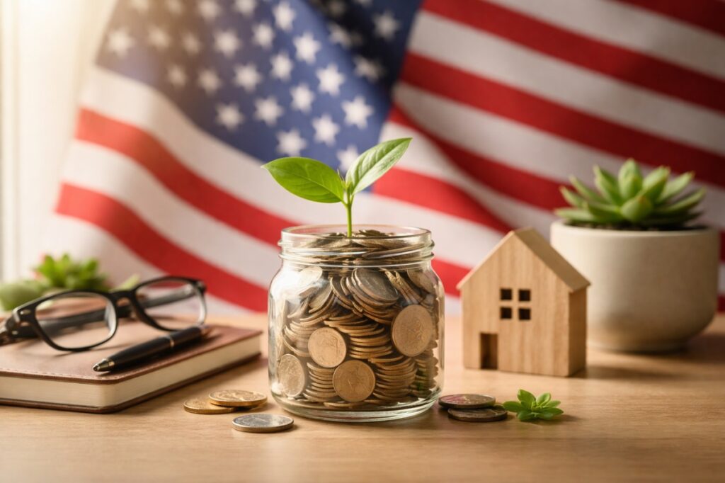 Glass jar filled with stacked coins and a small green plant growing from the top, placed on a wooden desk with a notebook, eyeglasses, a pen, a small wooden house model, and a potted succulent, with a softly blurred United States flag in the background, symbolizing long-term finances, stability, and sustainable investment.