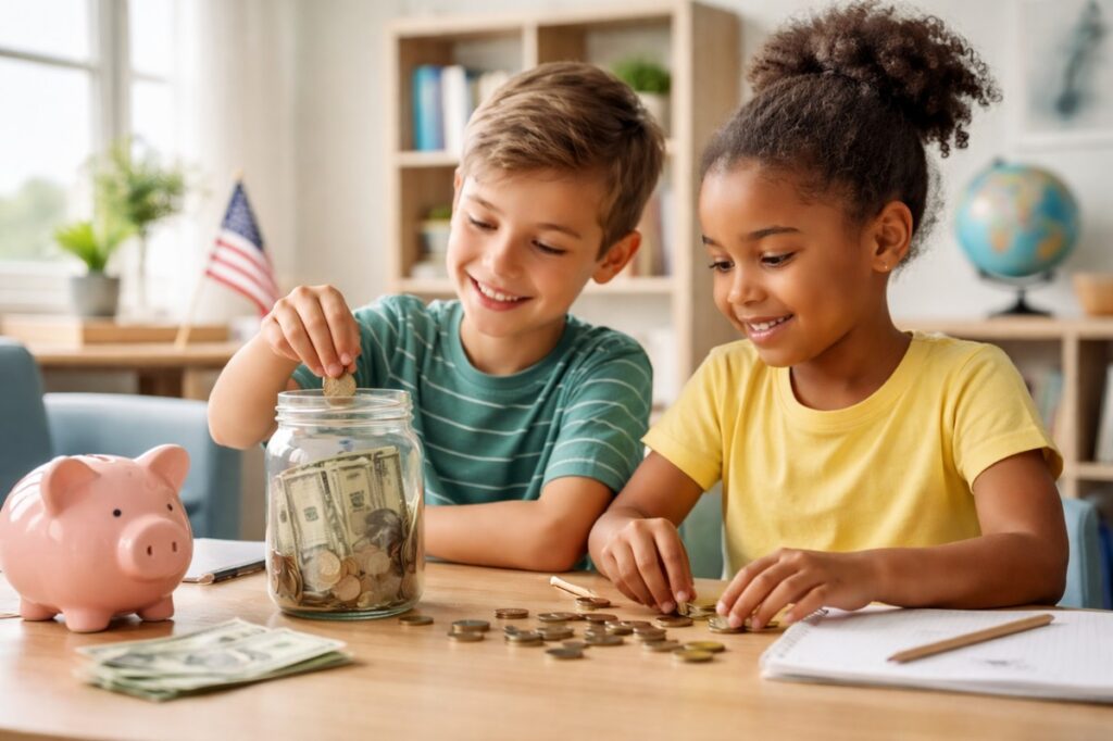 Two children sitting at a table in a bright classroom environment, carefully organizing coins and dollar bills while learning about saving and basic finances, with a piggy bank, notebook, and jar of money creating a realistic and educational atmosphere focused on financial awareness