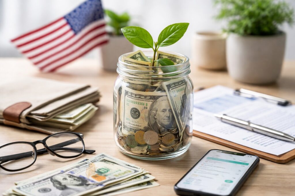 Glass jar filled with U.S. dollar bills and coins with a small green plant growing from the top, placed on a wooden desk alongside a wallet, smartphone, documents, and eyeglasses, with an American flag softly blurred in the background, symbolizing sustainable personal finances and responsible debt management in the United States.
