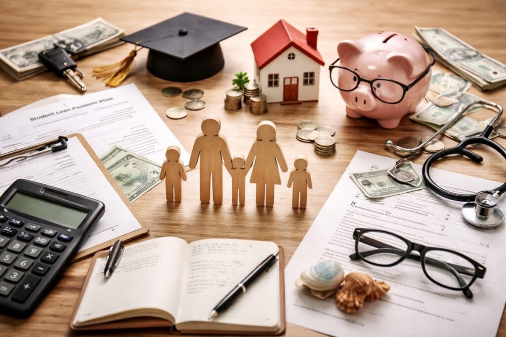 Wooden family figures standing on a table surrounded by household finance elements such as savings, documents, a calculator, coins, a piggy bank, a small house model, medical accessories, and a graduation cap, symbolizing how family finance priorities evolve across different stages of life in the United States.