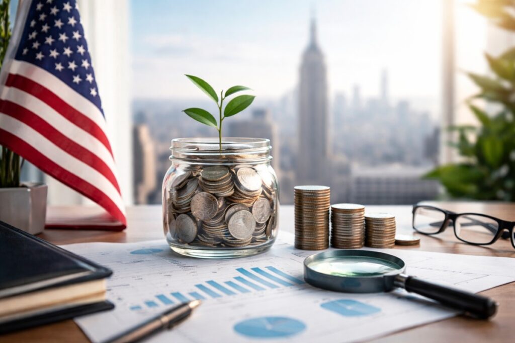 Glass jar filled with stacked coins and a small green plant growing from the center, placed on a desk with financial documents, magnifying glass and eyeglasses, with the United States flag and an urban skyline blurred in the background, symbolizing cautious investment strategies and long-term growth in modern finances.