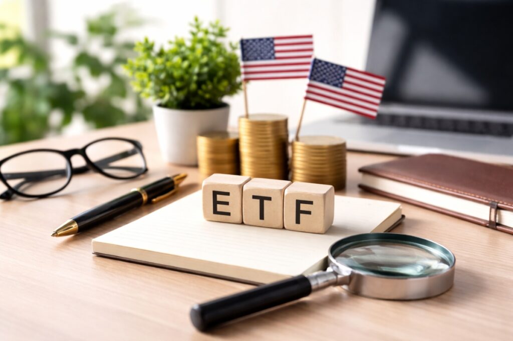 Minimalist and realistic workspace scene representing Investments, featuring wooden blocks symbolizing ETFs placed on a notebook, stacks of coins with small United States flags, a magnifying glass, pen, eyeglasses, and a laptop in the background, conveying careful financial analysis and long-term investment evaluation.