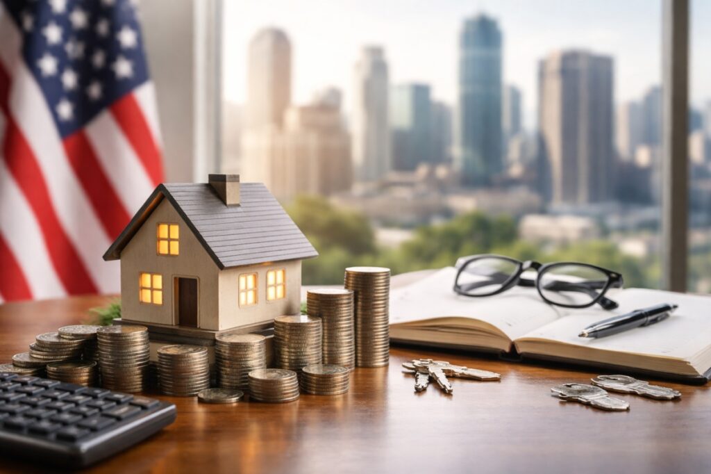 Minimalist and realistic scene representing investiments in the U.S. real estate trust market, featuring a small illuminated house model placed on stacked coins over a wooden desk, alongside an open notebook, eyeglasses, keys, and financial tools, with a blurred American flag and urban skyline in the background, symbolizing income stability and long-term uncertainty in property-based investiments.