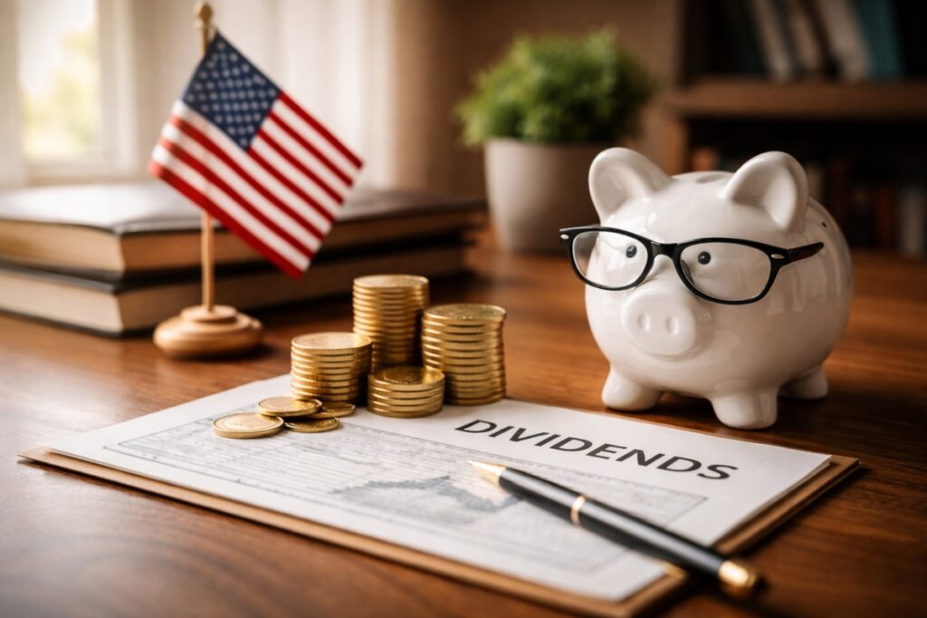 Realistic and minimalist scene representing long-term investiments, showing a white piggy bank with glasses on a wooden desk, stacks of gold coins, a subtle U.S. flag in the background, and financial documents without readable text, conveying stability, trust, and consistent income in the American stock market.