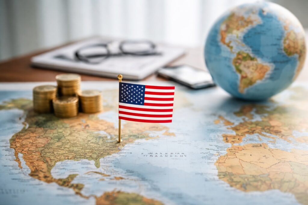 The image and the text work together to convey the idea of global capital allocation viewed from a United States perspective and the inherent limits of external diversification. Visually, the image presents a minimalist and realistic scene: a small U.S. flag placed on a world map, with coins, a globe, and office objects subtly blurred in the background.