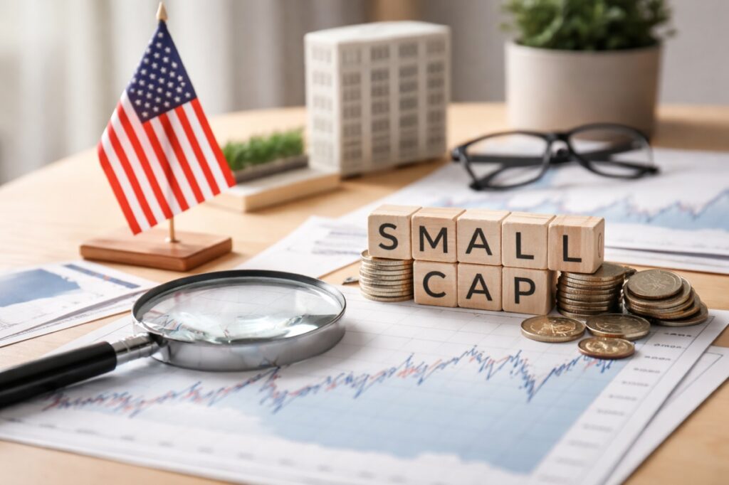 A minimalist and realistic visual representing U.S. small-cap investiments, featuring a desk setup with a small American flag, stacked coins, wooden blocks symbolizing smaller companies, and a magnifying glass over a market chart. The composition conveys analysis, uncertainty, and market volatility, reinforcing the idea of careful observation and risk assessment in small-cap investiments.