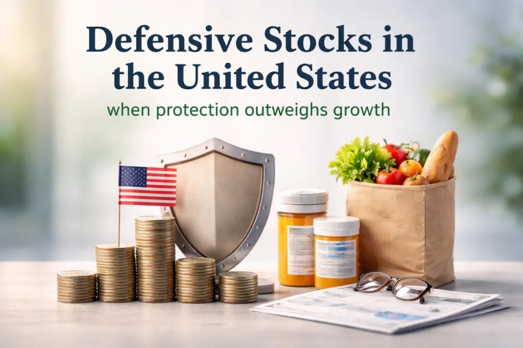 Defensive stocks concept in the United States illustrated by a shield symbol beside stacks of coins, prescription medicine bottles, and everyday consumer goods, with an American flag in the background. The scene represents investments focused on stability and capital preservation, highlighting how defensive sectors can protect portfolios during periods of economic uncertainty when protection outweighs growth.