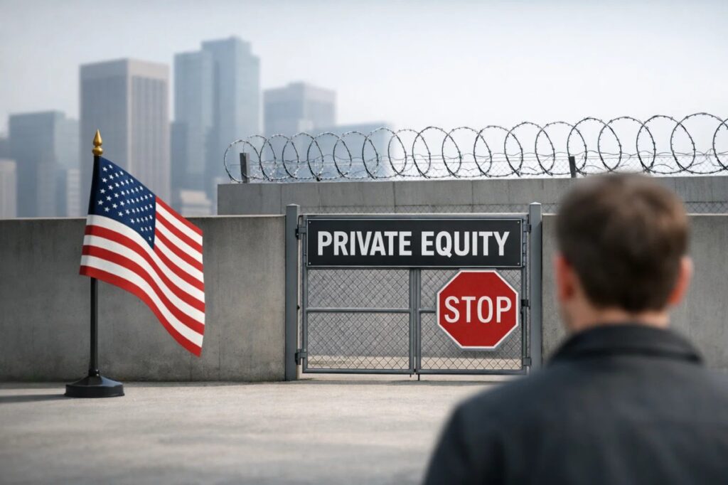 A private equity access barrier concept in the United States, showing a gated entrance labeled ‘Private Equity’ with a stop sign, barbed wire fencing, and the U.S. flag in the background, symbolizing how regulatory restrictions, capital requirements, and limited access create challenges for average investors seeking alternative investments.