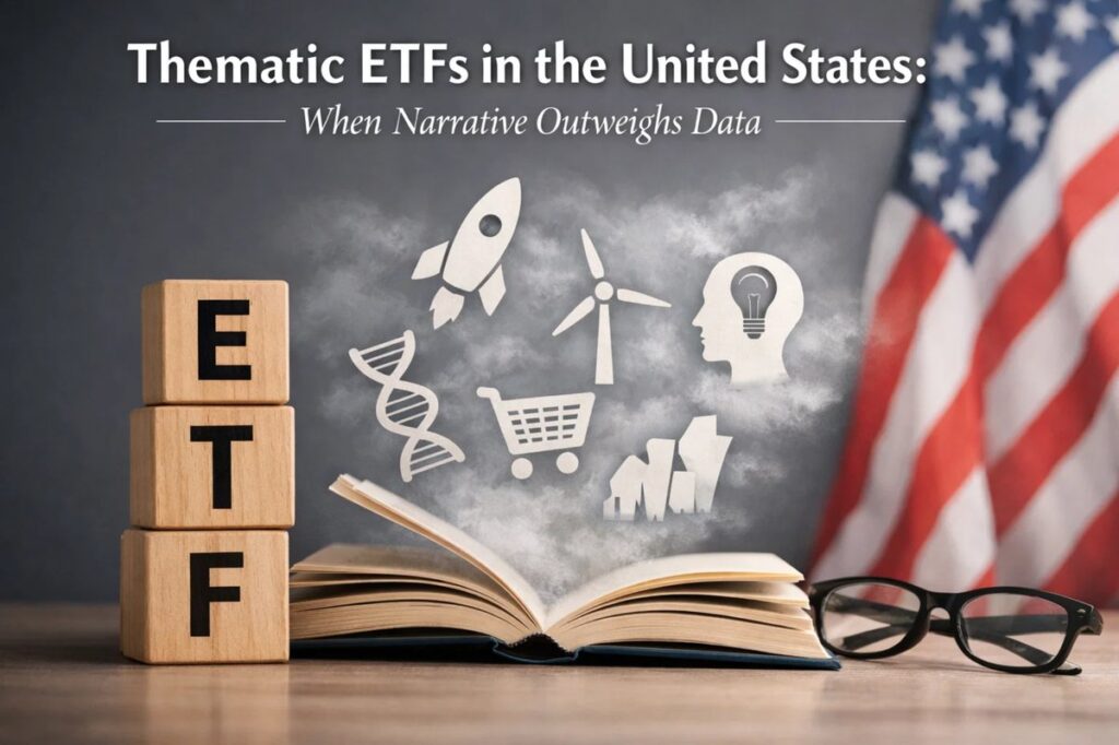 Image illustrating thematic ETFs in the United States, showing an open book with symbolic icons such as a rocket, DNA strand, wind turbine, shopping cart, and lightbulb emerging from its pages. Wooden blocks spelling ETF appear beside the book, with the American flag in the background. The scene represents how narratives and storytelling can influence investments decisions, sometimes outweighing data-driven analysis in thematic investment strategies.