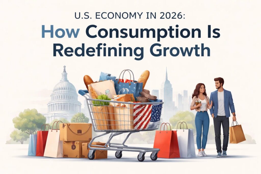 A detailed illustration representing the U.S. economy in 2026, featuring a large shopping cart filled with groceries, retail bags, and consumer goods in front of iconic American landmarks like the Capitol and a modern city skyline. On the side, a casually dressed couple walks while holding shopping bags, symbolizing consumer activity and spending behavior. The scene highlights how consumption drives economic growth, with visual emphasis on retail, lifestyle, and urban dynamics within the modern economy.