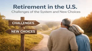 A serene landscape showing an elderly couple from behind walking along a winding path through a countryside field at sunset, symbolizing retirement decisions and life transitions, with a wooden signpost pointing to “challenges” and “new choices,” representing financial planning and future finances in later life.